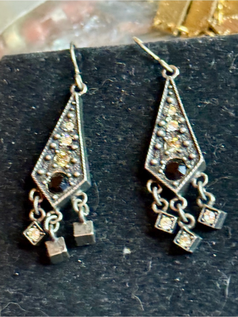 Sterling Silver Toned Black & Clear Dangle Earrings